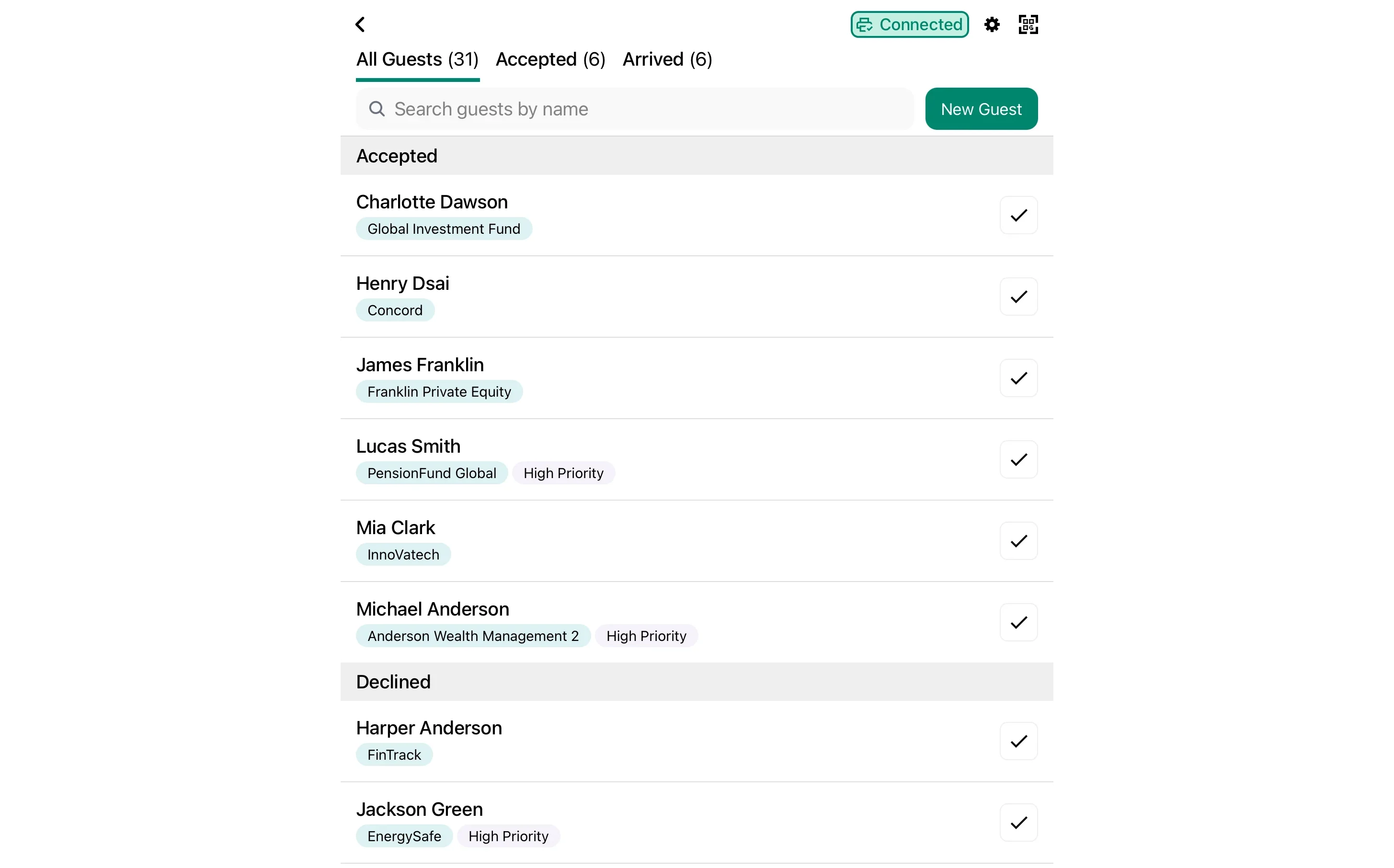 Gatsby's check-in app showing a guest list with names, companies, and check-in status