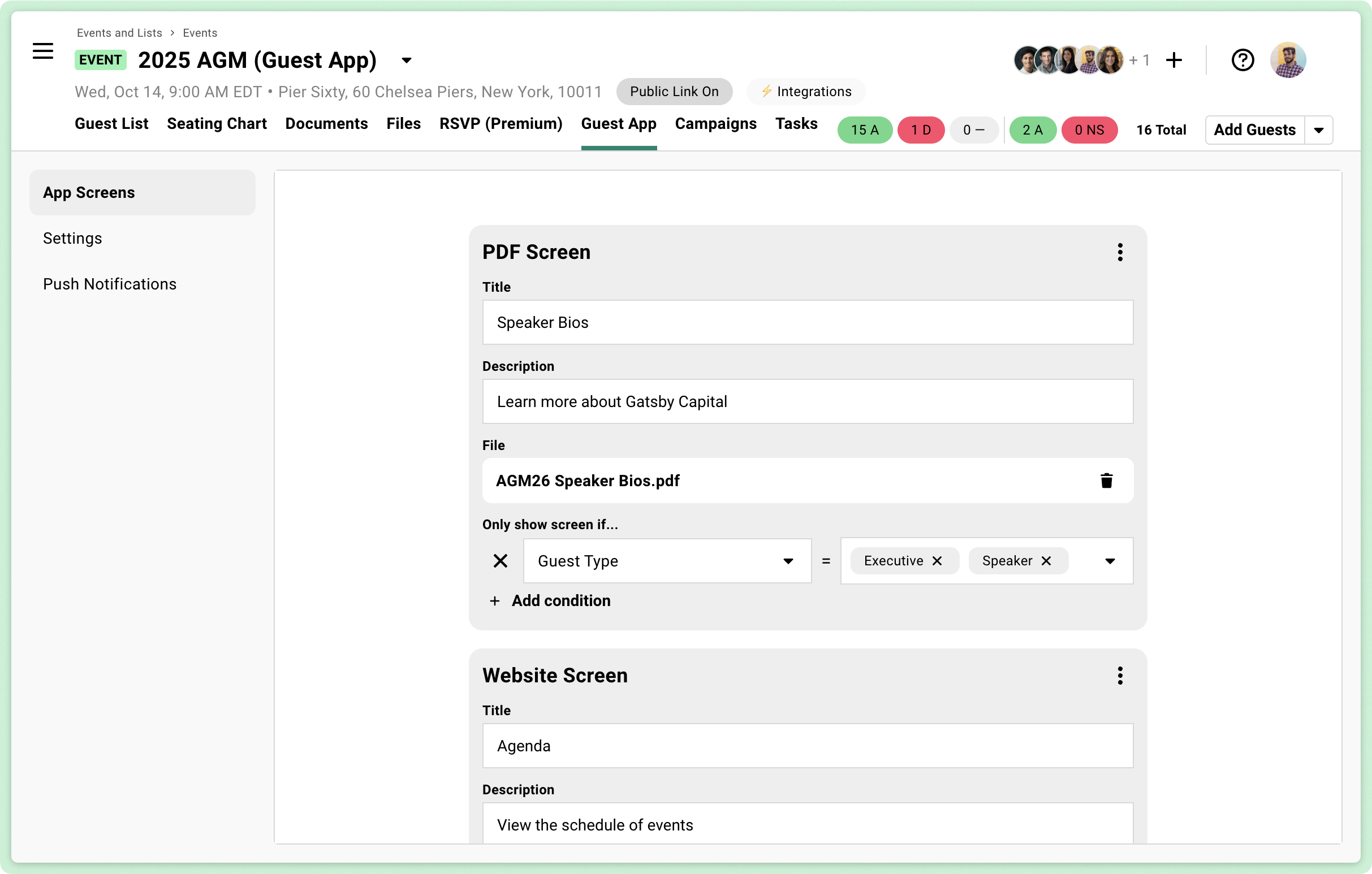 Guest app screens configuration interface