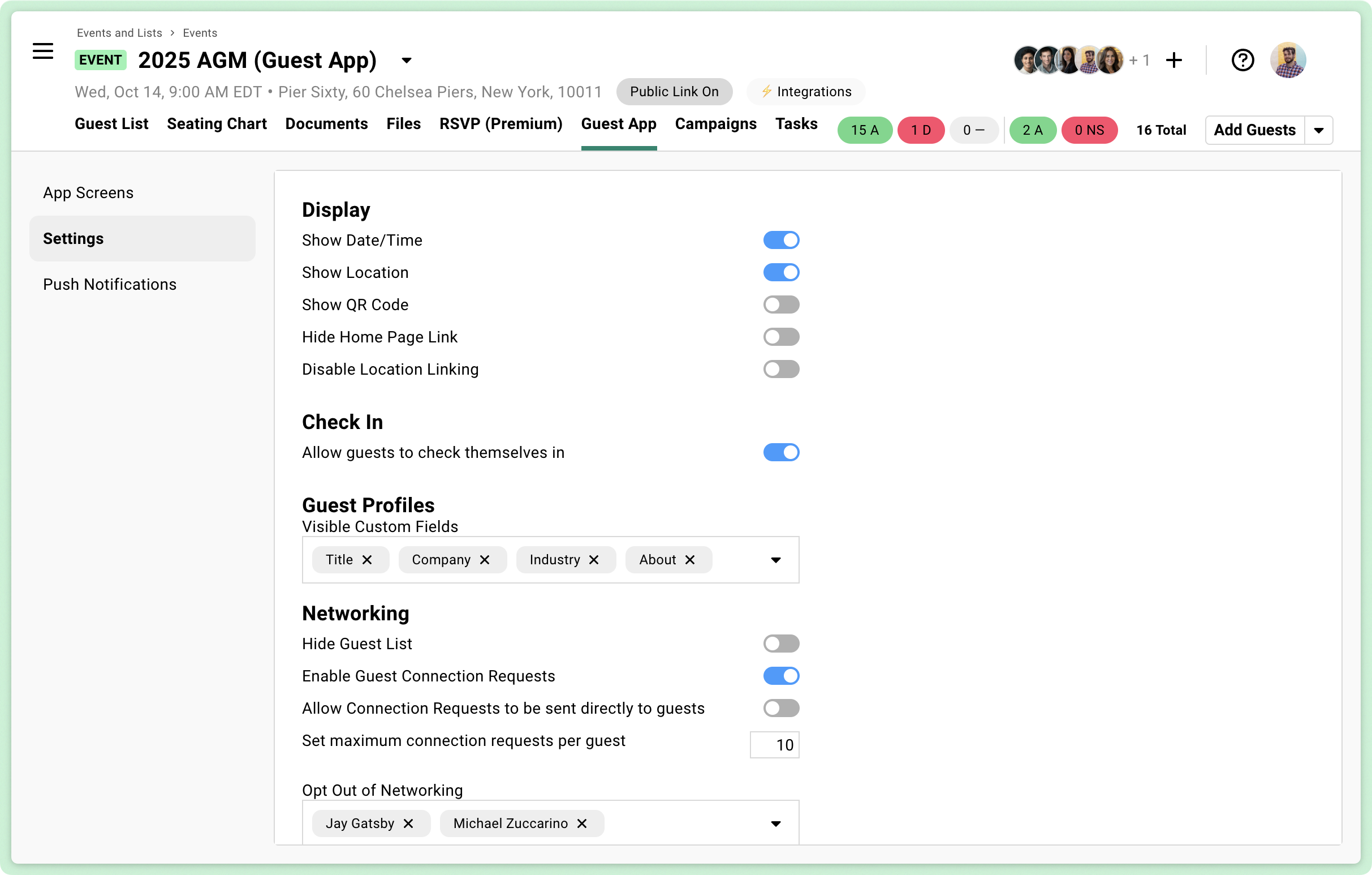 Guest app settings interface with toggles
