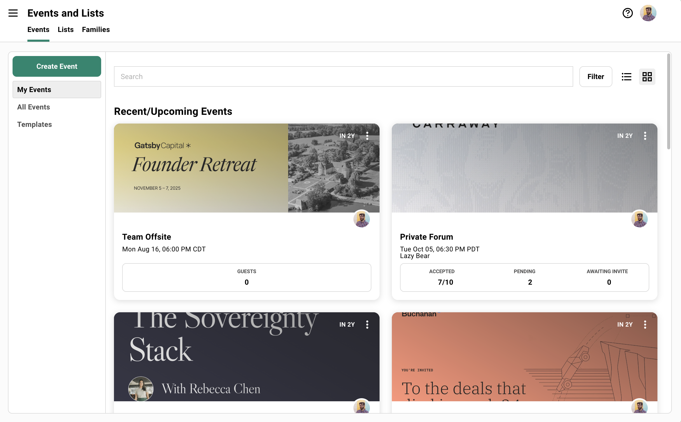 Screenshot from Gatsby showing the Events dashboard, different events listed.