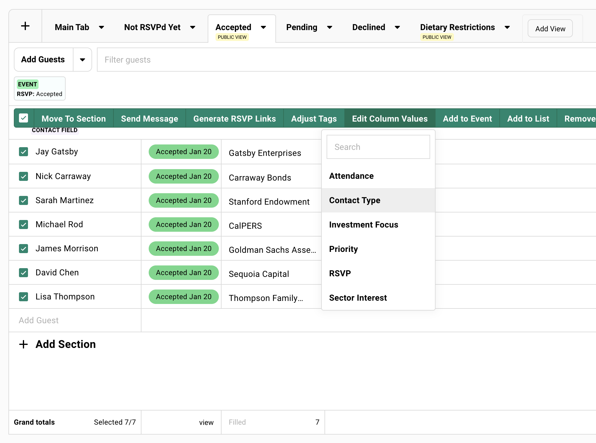 Showing the upload CSV option on a guest list