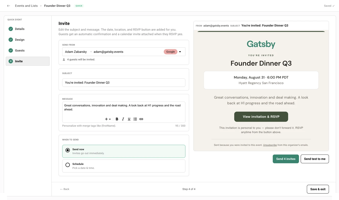 The Invite step, with a Google-labelled sender, subject and rich-text message fields, Send now and Schedule choices, and a live preview of the invitation email beside Send 4 invites and Send test to me actions.