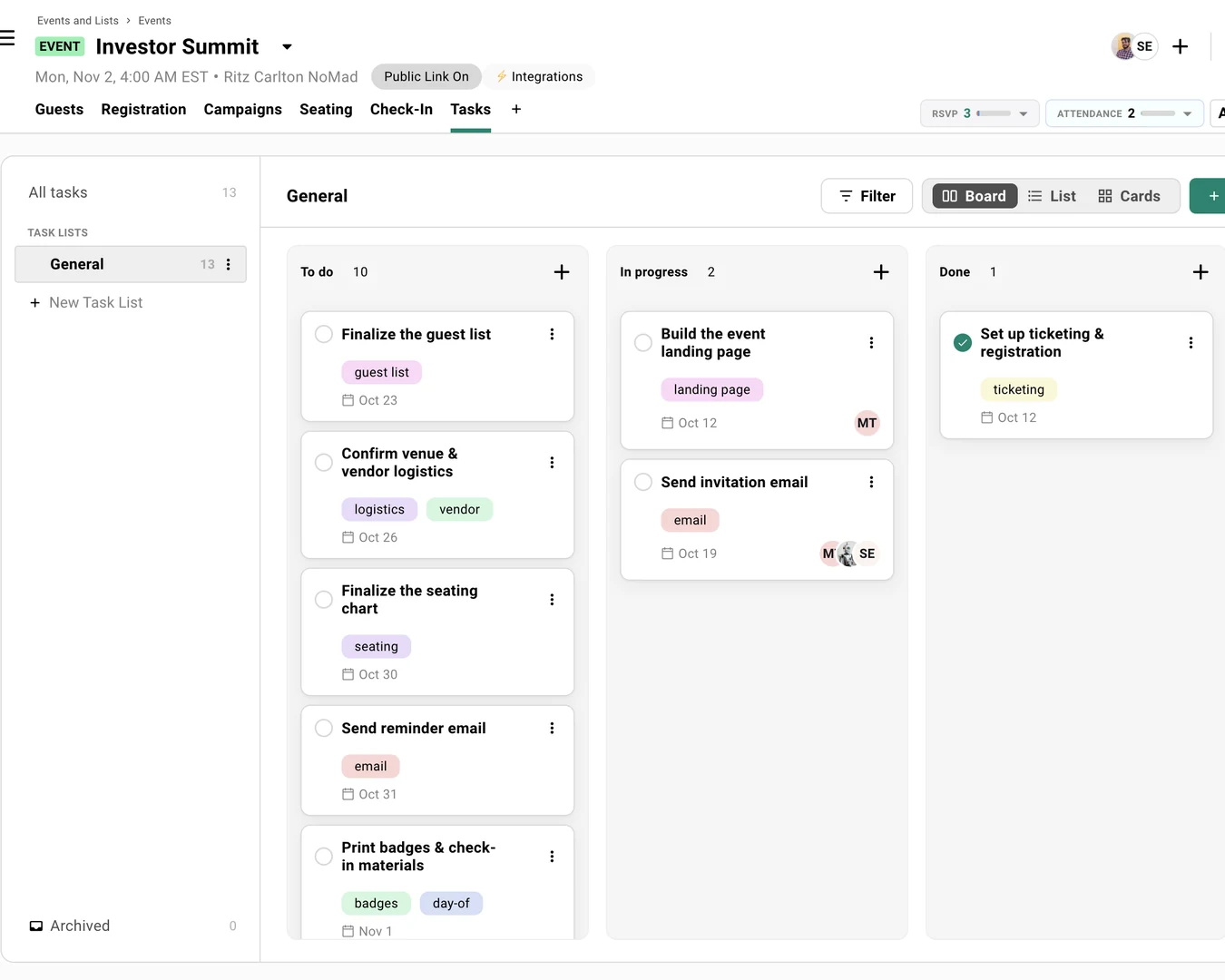 The Tasks board for an event, with a Filter control beside the Board, List, and Cards toggle, and To do, In progress, and Done columns holding cards like Finalize the guest list and Build the event landing page, several showing assignee avatars.