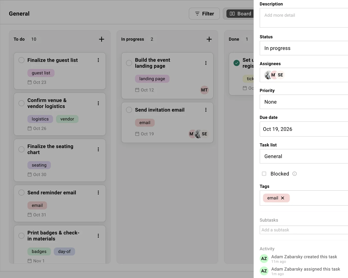 A task detail panel for Send invitation email, with an Assignees field showing three overlapping avatars, plus status, priority, due date, task list, and tag fields, and an activity feed recording who created and assigned the task.