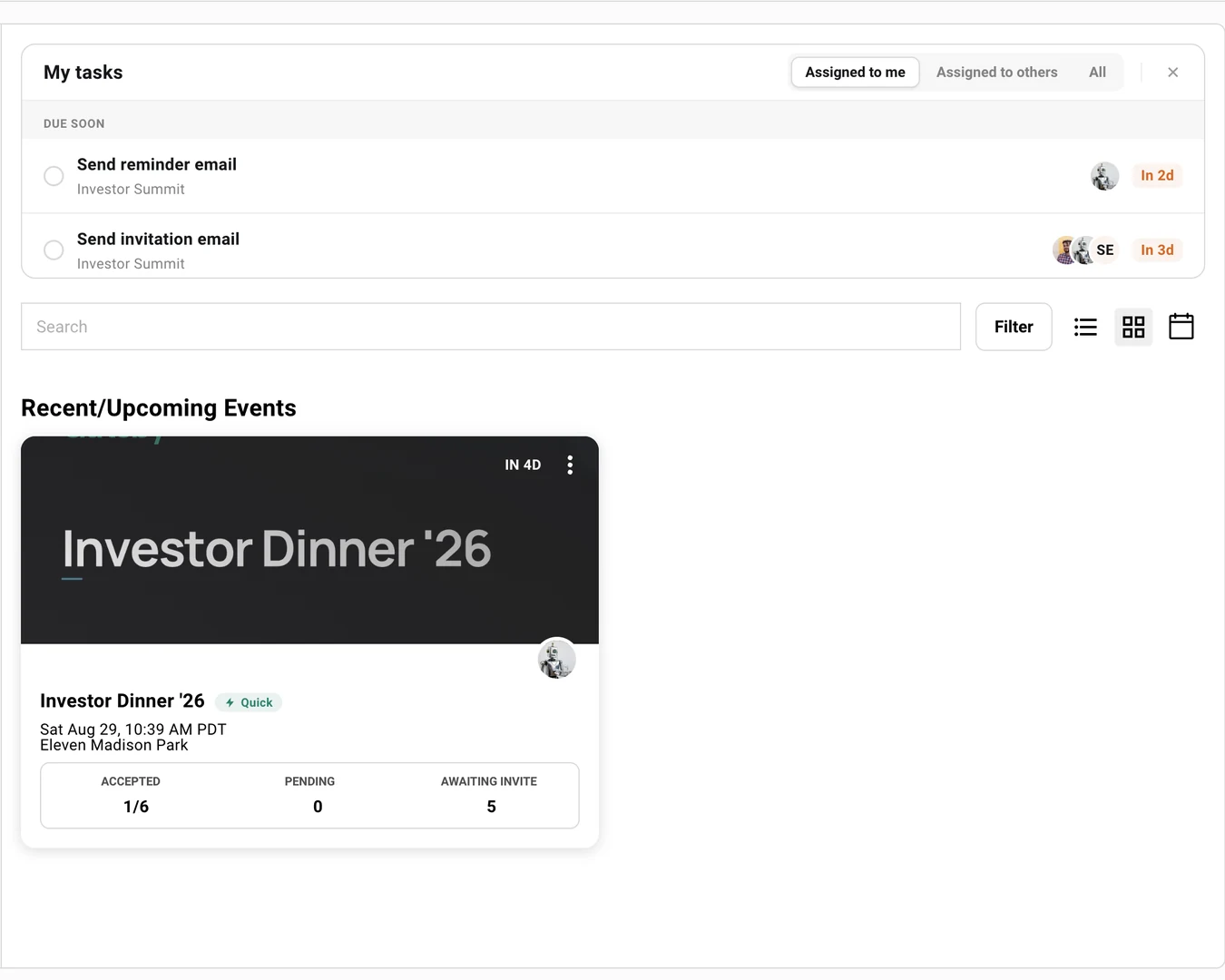 The My Tasks widget on the Events page with Assigned to me selected, listing two tasks due soon, each showing its assignees as photo avatars just before the due chip.