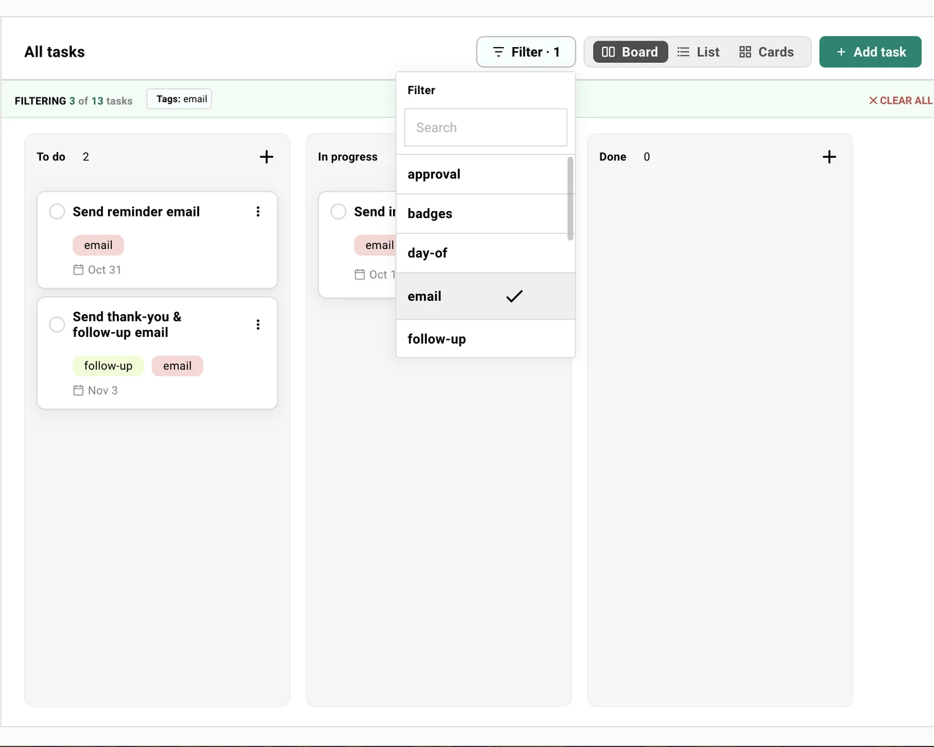 The Tasks board filtered to the email tag, with a green FILTERING 3 of 13 tasks bar carrying the applied tag and a Clear all control, and the tag picker open beside the Filter button.