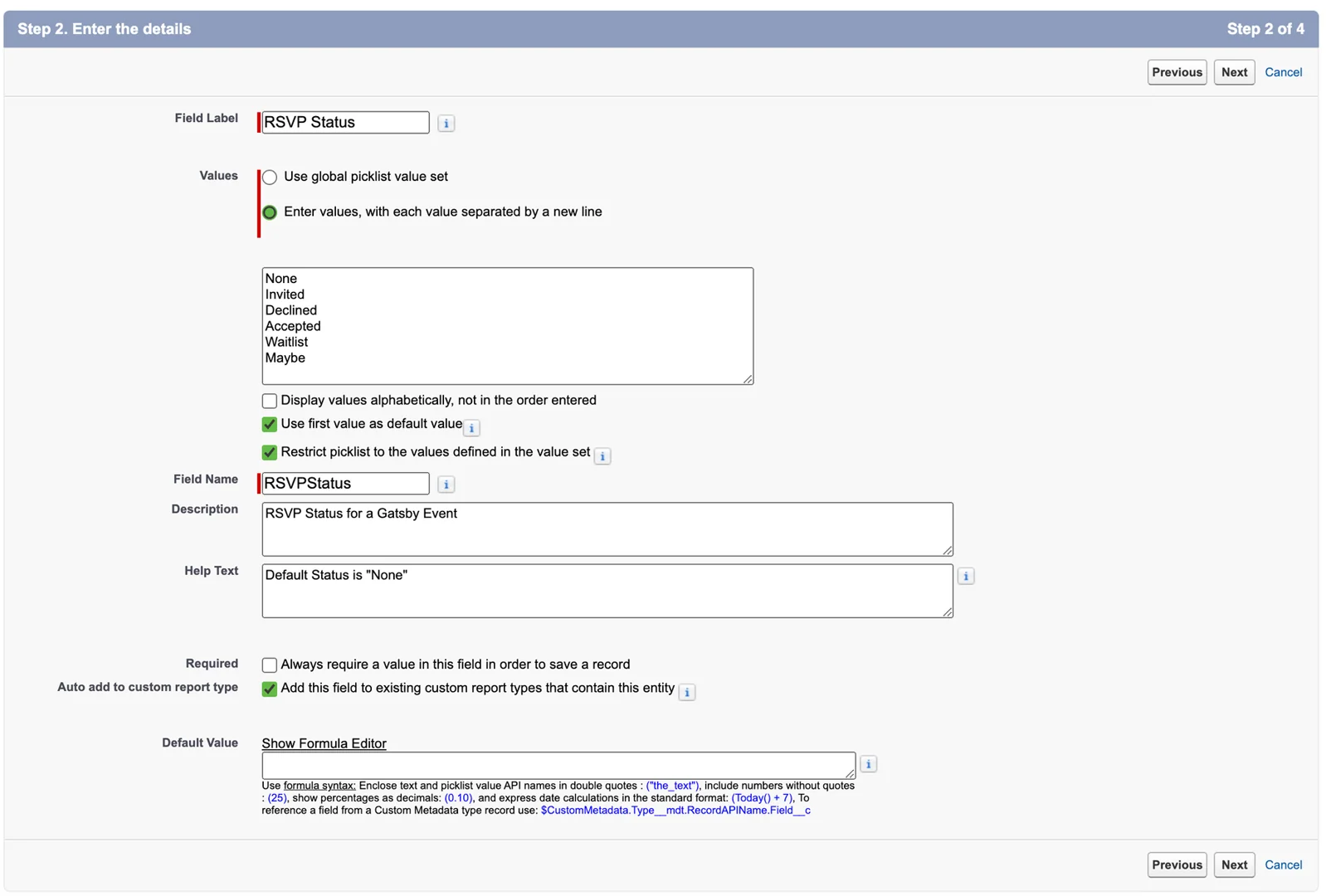 Salesforce Object Manager showing field creation for RSVP Status picklist